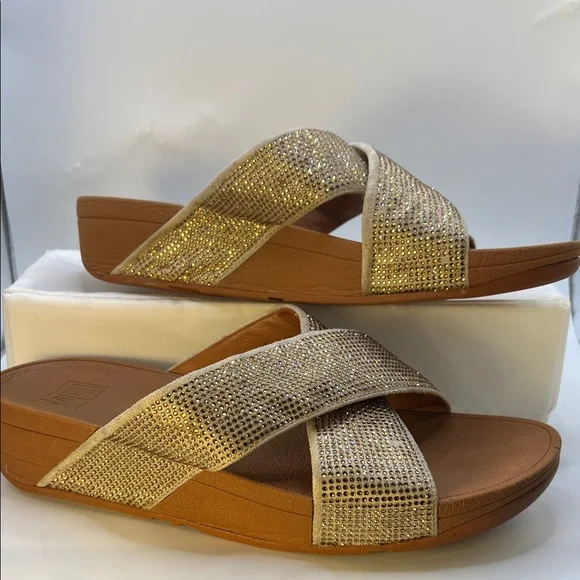 Fitflop Gold Rhinestones Crisscross Sandals-Size 9-Comfy-Slip on-Casual - Picture 2 of 16
